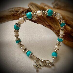 Silver Tone Turquoise and Pearls with Monogram Charm Bracelet, Initial Bracelet
